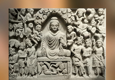D'après L'Illumination du Bouddha, relief, IIe-IIIe siècle, art du Gandhâra, Kushâna en Inde du Nord. (Marsailly/Blogostelle)