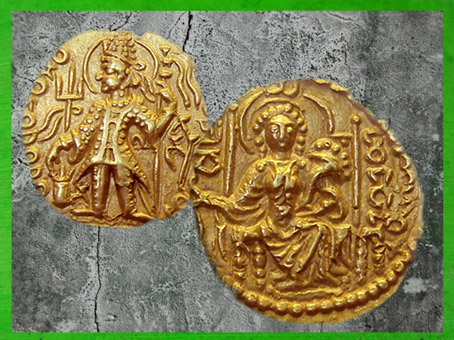 D'après l'empereur Vasudeva II, monnaie en or, IIIe siècle, fin de la dynastie Kushâna, Inde du Nord. (Marsailly/Blogostelle)