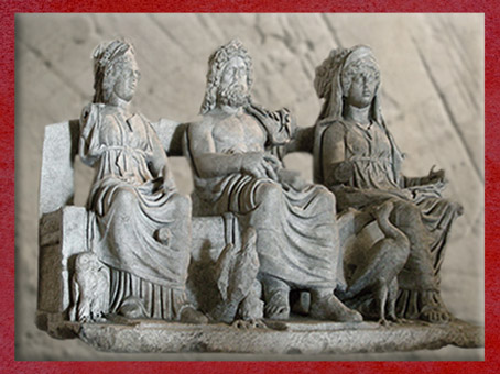 D'après Minerve, Jupiter et Junon et leurs attributs : la chouette, l'aigle et l'oie, IIe siècle apjc, groupe statuaire, art romain. (Marsailly/Blogostelle)