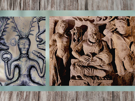 D'après le dieu celte cornu du chaudron de Gundestrup, Ier siècle avjc, âge du Fer ; et  le Cernunnos gaulois entre Apollon et Mercure, Ier-IIIe siècle, Gaule Romaine. (Marsailly/Blogostelle)