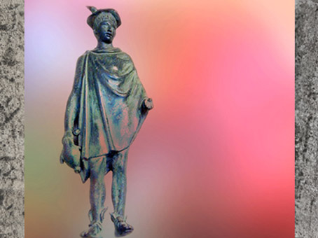 D'après Mercure et sa bourse, pétase et sandales ailées, statuette, bronze, Ier-IIIe siècle, Gaule Romaine. (Marsailly/Blogostelle)