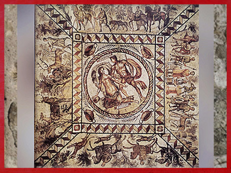 D'après La Chasse, mosaïque de Lillebonne, Diane, déesse de la Lune et de la Chasse, IIIe - IVe siècle, Normandie, France, Gaule Romaine. (Marsailly/Blogostelle)