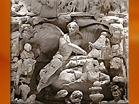 D'après le Taurobole, culte de Mithra, relief du Mithraeum de Sarrebourg, IIe-IIIe siècle, Moselle, Gaule Romaine. (Marsailly/Blogostelle)