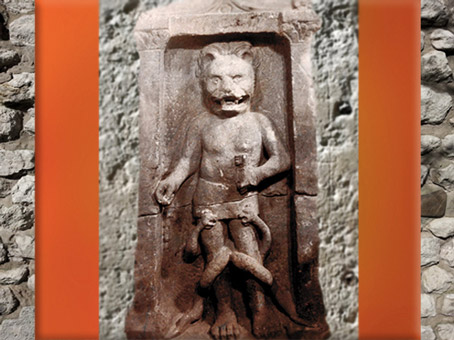 D'après un autel de Mithra, à pattes et tête de lion (léontocéphale), culte de Mithra, mithraeum de Bordeaux, IIIe siècle, Gaule Romaine. (Marsailly/Blogostelle)