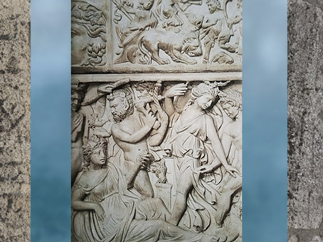 D'après les Ménades et satyres du cortège de Dionysos, sarcophage de Dionysos et Ariane endormie, marbre, fin IIIe siècle, Gironde, France, Gaule Romaine. (Marsailly/Blogostelle)