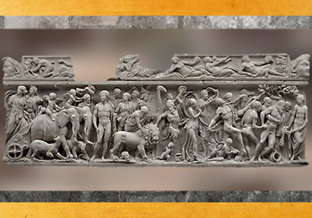 D'après le Triomphe de Dionysos, sarcophage sculpté, 215- 225, marbre de Turquie, IIIe siècle, Gaule Romaine. (Marsailly/Blogostelle)