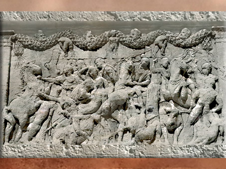 D'après les reliefs du mausolée de Julius, fin Ier siècle avjc, chasse au sanglier, Saint-Remy-de-Provence, France, Gaule Romaine. (Marsailly/Blogostelle)