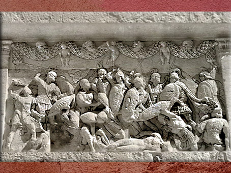 D'après les reliefs du mausolée de Julius, fin Ier siècle avjc, fantassins, Saint-Remy-de-Provence, France, Gaule Romaine. (Marsailly/Blogostelle)