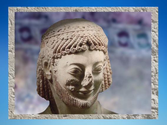 D'après le portrait dit cavalier Rampin, marbre, vers 550 avjc, acropole d'Athènes, Grèce Antique. (Marsailly/Blogostelle.)