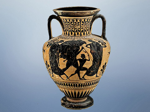 D'après Enée, son père Anchise sur le dos, fuyant Troie avec sa famille, 520 avjc, céramique attique, groupe de Léagros, Grèce Antique. (Marsailly/Blogostelle)