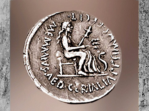 D'après Cérès, déesse romaine des Moissons, denier romain, 56 avjc, Rome Antique. (Marsailly/Blogostelle)