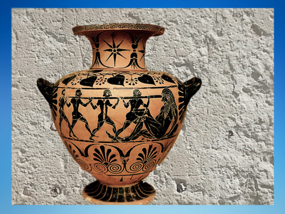 D'après un vase à eau (hydrie), Ulysse et le cyclope Polyphème, Cerveteri, 520 avjc, Art Grec. (Marsailly/Blogostelle)