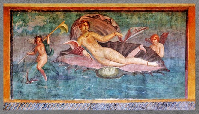D'après la déesse Vénus dans la coquille, fresque, Casa della Venere in Conchiglia, Pompéi, Ier siècle avjc, Rome Antique. (Marsailly/Blogostelle)