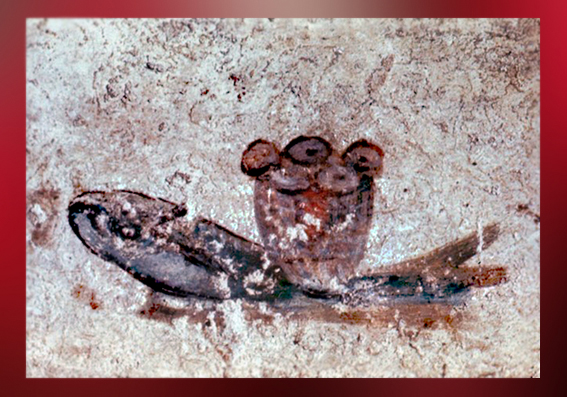 D'après le thème du Poisson et du Pain, catacombes de Saint-Calixte, IIIe siècle, Rome, art paléochrétien. (Marsailly/Blogostelle)