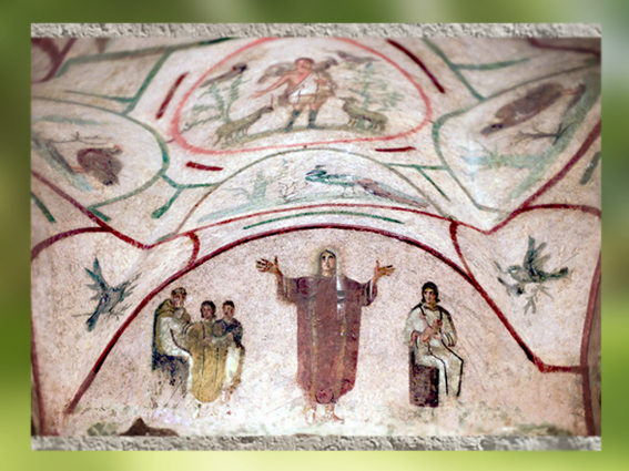 D'après le Bon Pasteur et scène chrétienne, catacombe de Priscille, nécropole fin IIe-IVe siècle, Rome, art paléochrétien. (Marsailly/Blogostelle)