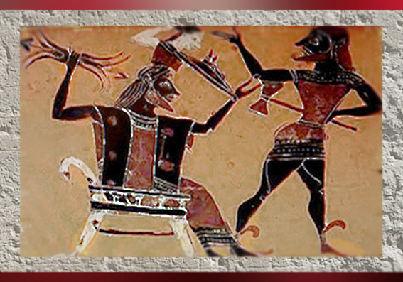 D'après une céramique, Athéna naît du cerveau de son père Zeus, grâce à la hache d'Héphaistos, art Grec. (Marsailly/Blogostelle.)