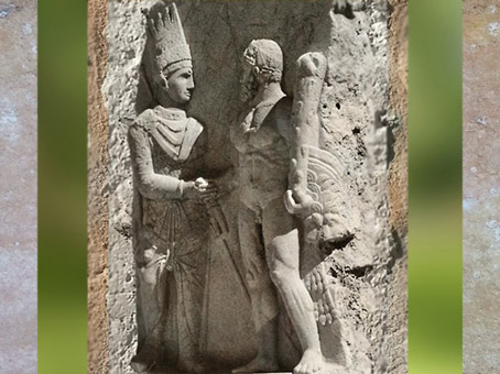 D'après Antiochos Ier roi du Commagène et Hercule, relief, Nemrut Dağ, Ier siècle avjc, actuelle Turquie, Orient Antique. (Marsailly/Blogostelle)