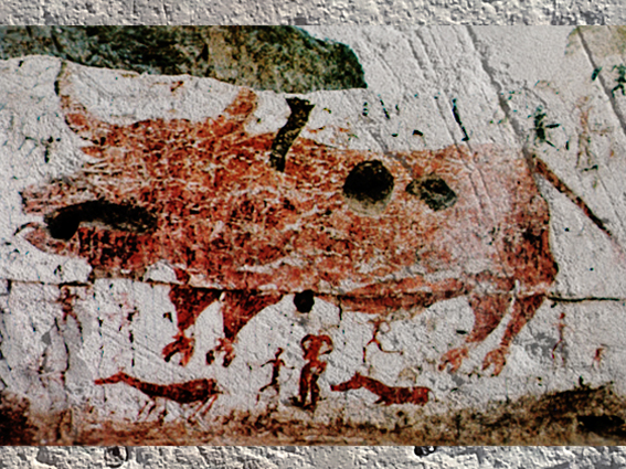 D'après un décor peint, habitation, Taureau et scène de Chasse, VIe millénaire avjc, Çatal Hüyük, Anatolie, Levant néolithique. (Marsailly/Blogostelle)