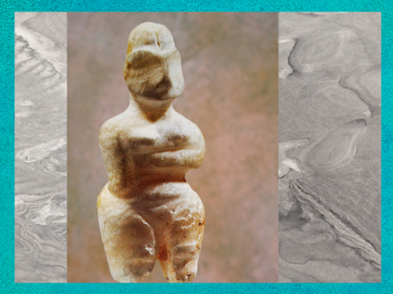 D'après une figurine en albâtre, et incrustation bitume, vers 5800-5500 avjc, Bagdad, Irak, Mésopotamie néolithique. (Marsailly/Blogostelle)