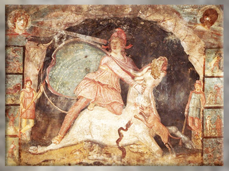 D'après le dieu Mithra et sa cape étoilée et les rayons de Sol, fresque, IIe- IIIe siècle, mithraeum de Marino, Rome Antique. (Marsailly/Blogostelle)