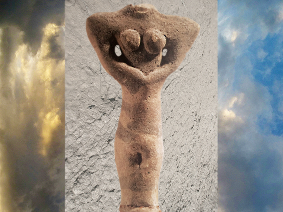 D'après une figurine façonnée en terre cuite, période d'Obeid, Ve millénaire avjc, Tello, Irak actuel, Mésopotamie néolithique. (Marsailly/Blogostelle)