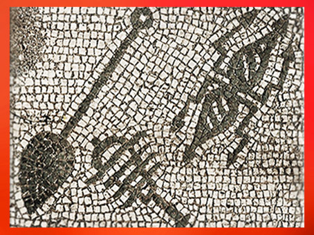 D'après les degrés initiatiques mithriaques : Bêche, Sistre et Éclair, mosaïque, mithraeum d’Ostie, Italie, Rome Antique. (Marsailly/Blogostelle)