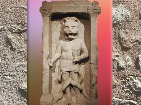 D'après le dieu Mithra à tête et pattes de lion (léontocéphale), mithraeum de Bordeaux, IIIe siècle, Gaule Romaine. (Marsailly/Blogostelle)