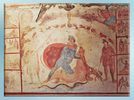 D'après le dieu Mithra sacrifiant le Taureau, fresque, IIe siècle, Rome, Palais Barberini, Rome Antique. (Marsailly/Blogostelle)