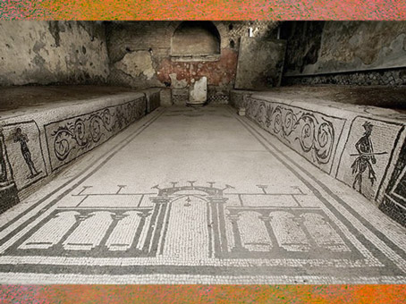 D’après un sanctuaire souterrain de Mithra et ses mosaïques, mithraeum d'Ostie, Italie, Rome Antique. (Marsailly/Blogostelle)