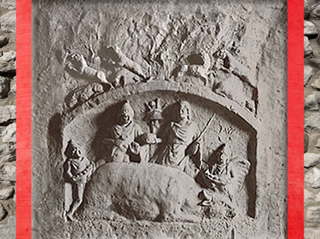 D'après le Banquet de Mithra, face du relief pivotant de Heddernheim, Allemagne, époque romaine. (Marsailly/Blogostelle)