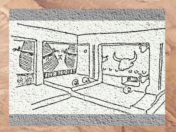 D’après l'espace intérieur d'une maison-sanctuaire, bucrânes, VIe millénaire avjc, Çatal Höyük, Anatolie (Turquie), Levant Néolithique. (Marsailly/Blogostelle)