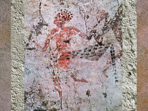 D'après un chasseur à peau de léopard, peinture, VIe millénaire avjc, Çatal Hüyük, Anatolie Levant Néolithique. (Marsailly/Blogostelle)