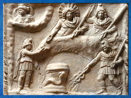 D'après Le Banquet de Mithra, relief mithriaque, marbre, IIe-IIIe siècle, Fiano Romano, Italie, Rome Antique. (Marsailly/Blogostelle)