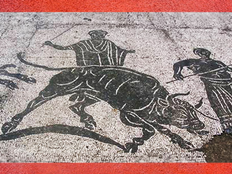 D’après des scènes de sacrifice du Taureau, mosaïque, caserne des Vigiles du Feu, Ostie, Ier-IIIe siècle, Rome Antique. (Marsailly/Blogostelle)