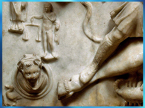 D'après la figure de l'Hiver, avec couronne de roseaux et canard, signe de la Balance, haut-relief, Mithra immolant le Taureau, marbre, 389, mithraeum de Sidon, IVe siècle, Saïda, Liban, époque Romaine. (Marsailly/Blogostelle)