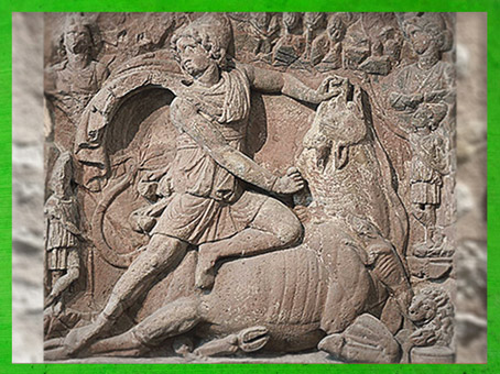 D'après Mithra tauroctone sacrifiant le taureau, mithraeum de Neuenheim, Karlsruhe, IIe siècle, Allemagne, époque romaine. (Marsailly/Blogostelle)