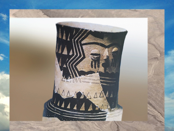 D'après un vase peint, visage, terre cuite, Samarra, Tell es-Sawwan, Irak actuel,  IVe millénaire avjc, Mésopotamie néolithique. (Marsailly/Blogostelle)