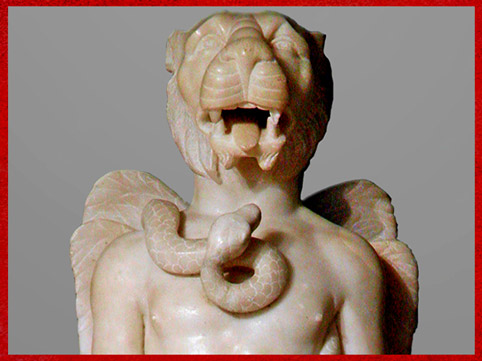 D'après Mithra léontocéphale ailé et serpent, statue en marbre, mithraeum de Sidon, IVe siècle, Saïda, Liban, époque Romaine. (Marsailly/Blogostelle)