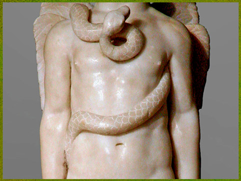 D'après Mithra léontocéphale ailé et serpent, statue en marbre, mithraeum de Sidon, IVe siècle, Saïda, Liban, époque Romaine. (Marsailly/Blogostelle)