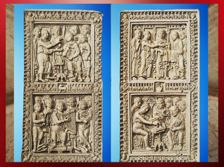 D'après le psautier de Dagulf (recueil de psaumes), école du palais de Charlemagne, 783 - 795, David rédige et chante les psaumes, saint Jérôme les corrige, art Carolingien. (Marsailly/Blogostelle)