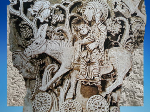 D'après La Fuite en égypte, chapiteau, sculpture, Saulieu, XIIe siècle, art Roman, Bourgogne, France. (Marsailly/Blogostelle)