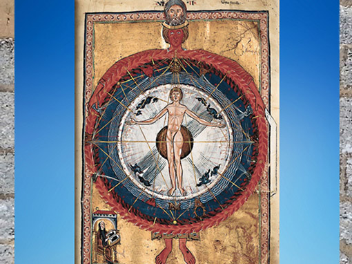 D’après l’Être Humain au centre de l'Univers, Livre des Œuvres Divines (Liber Divinorum Operum), 1174, Hildegarde de Bingen, XIIe siècle, art médiéval. (Marsailly/Blogostelle)