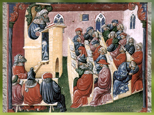 D'après l'Université médiévale, signée Laurentius de Voltolina, vers 1350, miniature, école de Bologne, Italie médiévale. (Marsailly/Blogostelle)