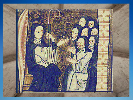 D'après Sainte Hildegarde bénissant ses nonnes, manuscrit, XIIIe siècle, époque médiévale. (Marsailly/Blogostelle)