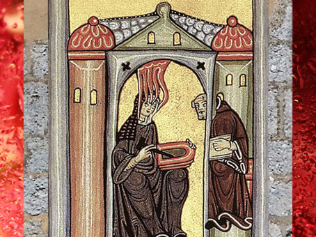 D'après Hildegarde de Bingen en abbesse inspirée, Le Scivias, 1151, (manuscrit Rupertsberg), époque médiévale. (Marsailly/Blogostelle)