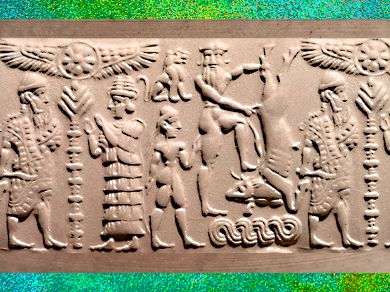 D'après le sceau dit de Gilgamesh et Taureau, XVIIe siècle avjc, Mésopotamie, Syrie. (Marsailly/Blogostelle)