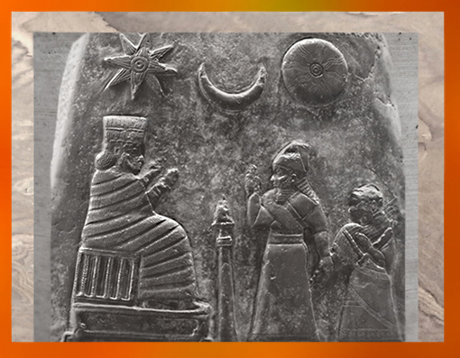 D'après Ishtar, Sîn, Shamash, Kudurru de Meli-Shipak II, 1186–1172 avjc, Kassite, le roi de Babylone, sa fille et Inanna-Ishtar, butin de Suse. (Marsailly/Blogostelle)