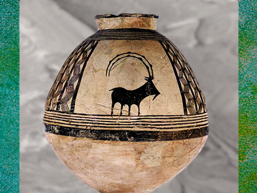 D'après une jarre, motif de bouquetin stylisé, terre cuite, IVe millénaire avjc, néolithique, Levant, Orient ancien. (Marsailly/Blogostelle)