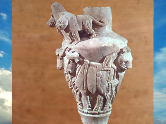 D'après une cruche, lions et taureaux en haut relief, albâtre, Djemdet-Nars, vers 3000 avjc, Uruk, Mésopotamie. (Marsailly/Blogostelle)