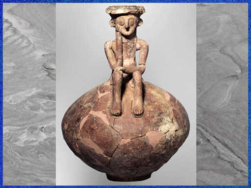 D'après une figure de Penseur, carafe, terre cuite, 3800 avjc, néolithique, Yehud, Israël, Levant, Orient ancien. (Marsailly/Blogostelle)